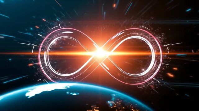 The infinity sign lights up, symbolizing software engineering operations. 4k video