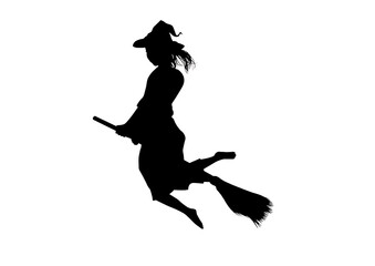 ほうきで飛ぶ女の子魔法使いシルエット
