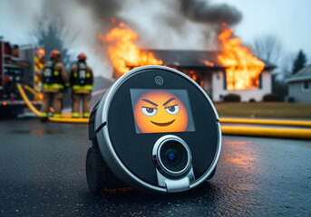 Smiling robot vacuum with mischievous face in foreground while house burns in background firefighters working concept of AI malfunction and danger disaster girl meme style