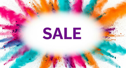 Sale promotion text on a white background with a vibrant frame of colorful pink, orange, and turquoise powder exploding outward
