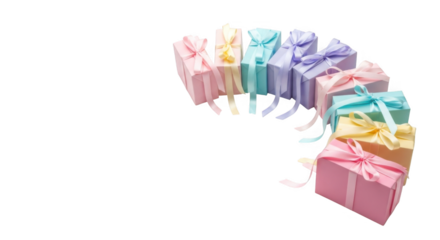 A beautiful arrangement of brightly colored gift boxes tied with satin ribbons offering a delightful display of presents suitable for any celebration or special occasion