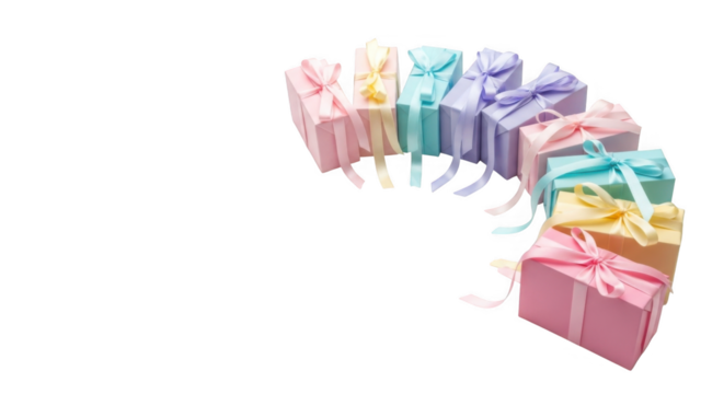 A beautiful arrangement of brightly colored gift boxes tied with satin ribbons offering a delightful display of presents suitable for any celebration or special occasion