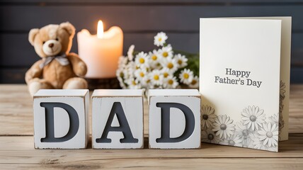 A sentimental father s day scene featuring wooden blocks spelling dad a lit candle a teddy bear and a greeting card with floral accents