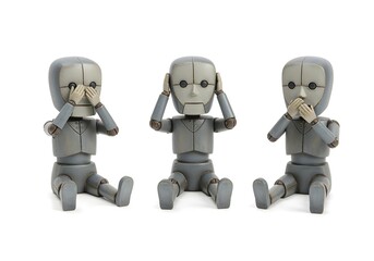 Three vintage style wooden robots in see no evil hear no evil speak no evil poses concept of AI ethics and symbolic representation