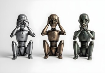 Three metallic robots seated in see no evil hear no evil speak no evil gesture concept of AI moral codes and digital ethics