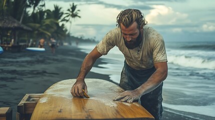 An artisan smoothing the surface of a wooden surfboard by the ocean, preparing it for a summer of surfing adventures.