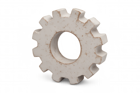 Weathered white mechanical gear spinning against transparent backdrop, symbolizing industrial engineering and technical precision