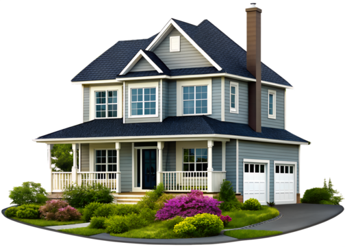 A beautiful house with a green lawn in front, in a transparent background PNG - Powered by Adobe