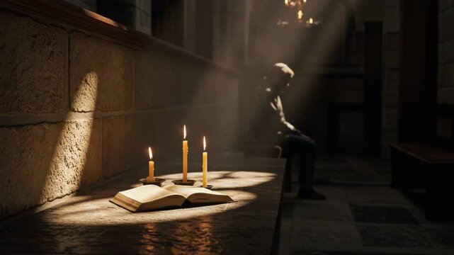 Praying Figure with Solemn Reverence Engaged in Silent Devotion against Candlelit Sanctuary Interior