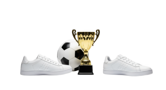 Winning Soccer Gear Featuring a Trophy and Two Pairs of White Sneakers for Champions