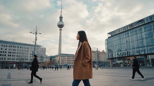 young woman walks on alexanderplatz in berlin with television tower in germany