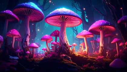 Magical glowing mushrooms in a dark forest