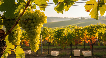 Scenic vineyard at sunrise with a close-up of ripe white grapes hanging on the vine, ready for the autumn harvest in a sunlit landscape