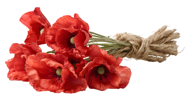 Bouquet of red poppies ties with rop on white background 