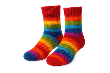 Knitted wool socks with stripes forming rainbow colors, isolated on transparent background, ideal for winter