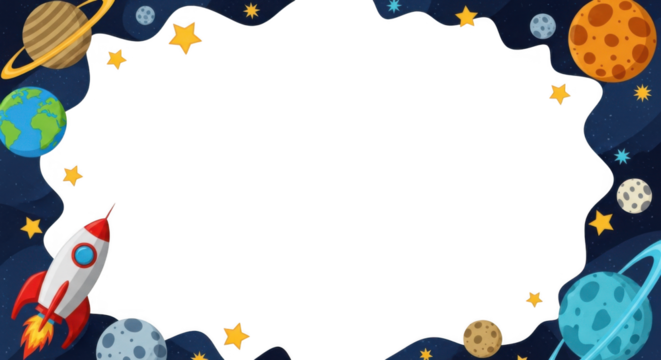 Outer Space Themed Photo Frame with Planets Rockets Stars and Nebula Background for Children's Party or Decorations - Powered by Adobe
