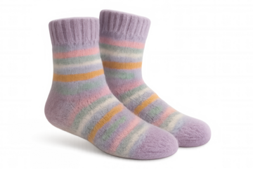 Knitted socks with colorful stripes isolated on transparent background, perfect for keeping feet warm and cozy