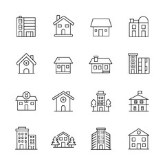 House, linear style icons set. Houses, Apartment building, duplex, key, tree, and modern home. Residential living, real estate, property ownership, urban or suburban housing. Editable stroke width