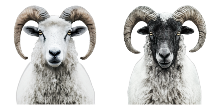 Two ram heads, one white and one black