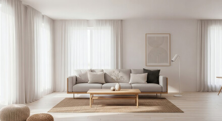 Fototapeta premium Minimalist modern living room interior, neutral colors, natural sunlight