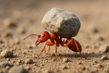 Close-up of a red ant carrying a large rock, showcasing insect strength and determination on a sandy terrain.