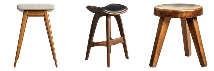 Three wooden chairs are shown, with one being a stool