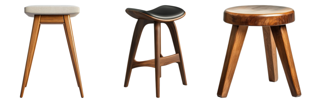 Three wooden chairs are shown, with one being a stool