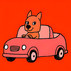 Orange dog drives a pink convertible car.
