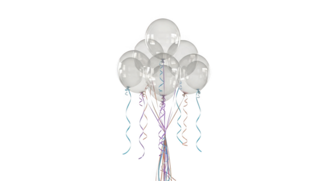 A Bundle of Clear Balloons with Colorful Streamers and Ribbons for Festive Decorations and Celebrations
