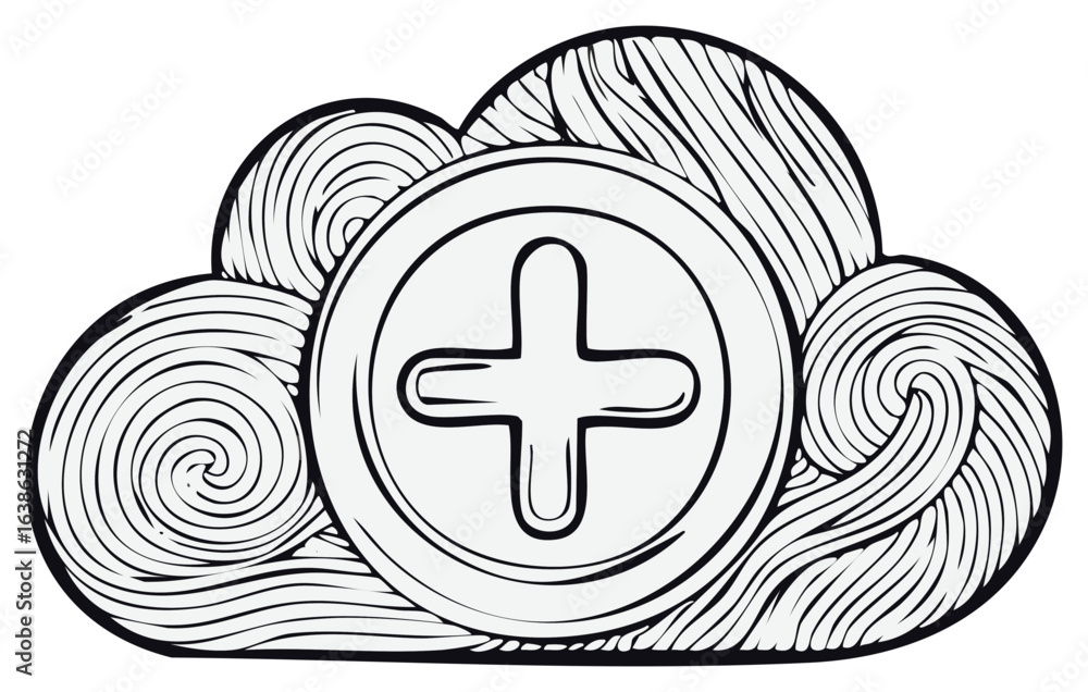 Poster stylized cloud computing icon with plus symbol artistic hand drawn design for data and network growt