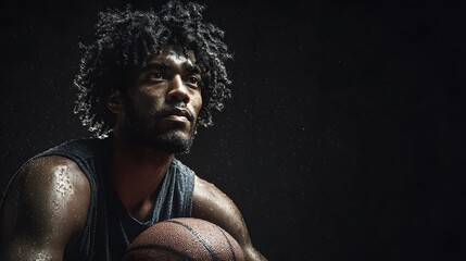 Focused basketball player looks determined in low key portrait after intense workout; sweat glistens on his skin and the ball.