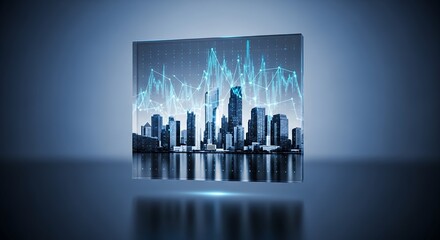 Modern cityscape with financial graph overlay displayed in a glass cube, concept for investment analysis, urban development strategy and economic forecasting.