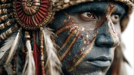 Obraz premium Close-up portrait of an indigenous person with painted face and traditional headwear
