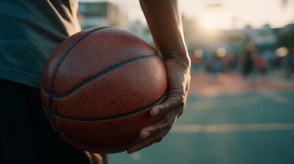 Naklejka premium A close-up view capturing a basketball being held by a person outdoors, bathed in the glow of sunset, and other indistinct people are visible.