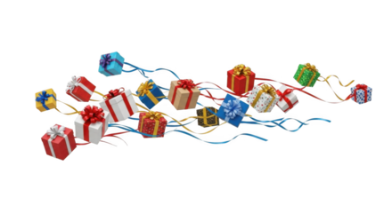 A festive collection of beautifully wrapped gift boxes with colorful ribbons and streamers evoking holiday cheer and celebration creating a vibrant and joyful atmosphere