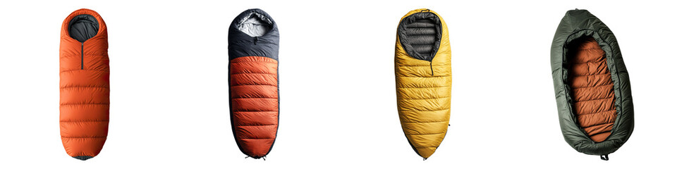 Four different types of sleeping bags are shown in a row