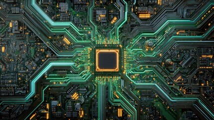 Green and orange glowing circuits power a cpu on a motherboard, performing complex calculations