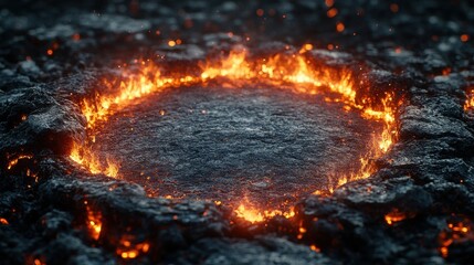 Circle of flames creating a fiery border on a dark volcanic rock surface