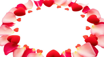 A Romantic Oval Frame Decorated with Soft Rose Petals and Plush Red Hearts for Valentine's Day Celebrations and Expressions of Love