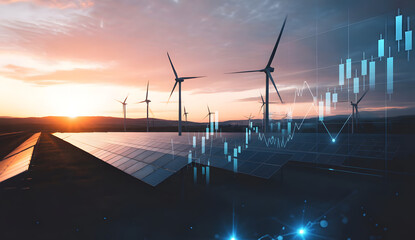 Clean Energy Investment: Panoramic view of a sustainable energy landscape showcasing the interplay of solar panels and wind turbines, symbolizing green investments, energy efficiency.