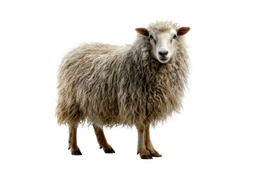 Sheep isolated on transparent background standing in full shot with woolly fleece