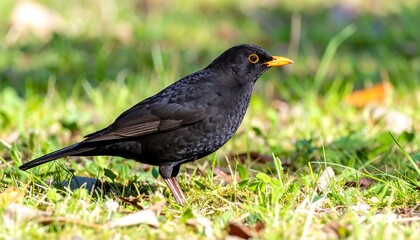 Fototapeta premium Close-up of a blackbird foraging in grass.