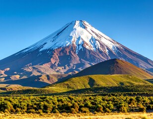 Obraz premium Snow-capped mountain peak above a landscape of rolling hills and greenery.