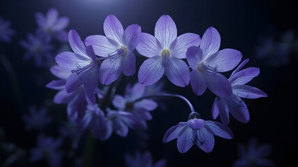 Close up macro shot of delicate purple blue flowers with water droplets glistening in soft ethereal light against a dark moody background