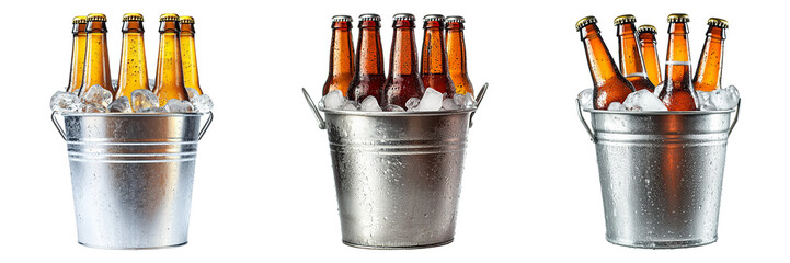 Three buckets of beer with ice in them