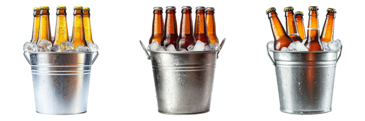 Three buckets of beer with ice in them