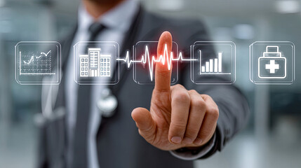 Medical professional interacting with virtual screen of data and graphic icons from health sector Generated with AI