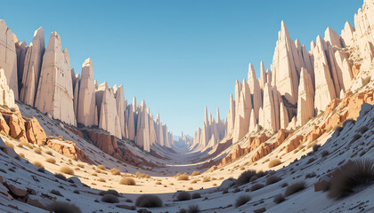 Vast arid valley with towering sharp rock formations.