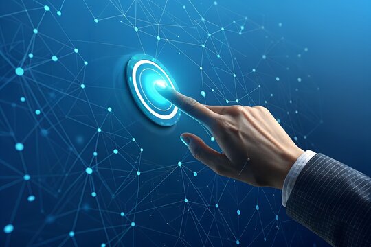 Hand touch digital hud interface futuristic technology background of virtual computer screen display ui future concept or cyber communication hologram