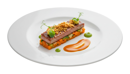 Gourmet grilled beef dish fine dining restaurant culinary art modern environment gastronomic innovation. Cut out png